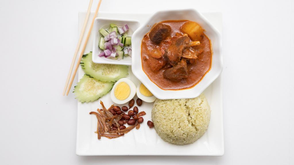 R1. Penang Nasi Lemak  · Medium Spicy. Rendang beef served with boiled  egg, roasted peanuts, cucumber  salad, anchovies and coconut rice.