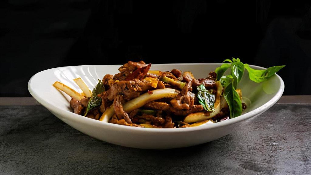 (C) Basil Chili Beef · Strips of beef tossed with dried chili flakes, fresh chili and onions; finished with basil.