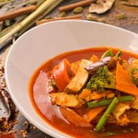 Mixed Vegetable Curry · Tomatoes, okra, eggplant, yellow beans, carrots, potatoes, cabbage, lentils and tofu come to...