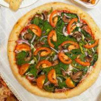 Vegetarian Pizza · Spinach, onions, green peppers, mushrooms, and tomatoes.