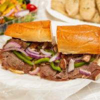 Steak and Onions Sandwich · Thinly-sliced steak, onions,  and provolone cheese.