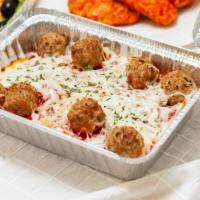 Spaghetti with Meatballs · Premium pasta sauce with chunks of tomatoes topped with mozzarella cheese and meatballs.