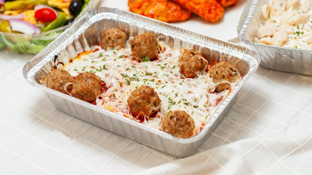 Spaghetti with Meatballs · Premium pasta sauce with chunks of tomatoes topped with mozzarella cheese and meatballs.