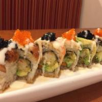 Giants Roll · Inside: shrimp tempura, avocado, cucumber, gobo

Top: eel, ebi(shrimp), creamy sauce, tobiko
