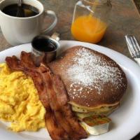 Triple Haight · Two buttermilk pancakes, two eggs & two pieces of meat
