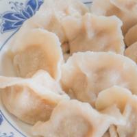 Pork Dumpling with Chive (12) （韭菜豬肉水餃） · Boiled dumplings (jiaozi), filled with ground pork and green chives.