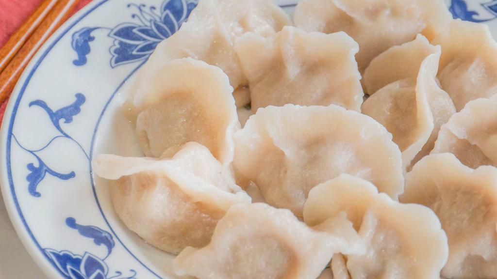Pork Dumpling with Chinese Spinach (12) （薺菜豬肉水餃） · Boiled dumplings (jiaozi), filled with ground pork and Chinese spinach.