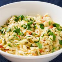 Orzo & Feta with Rosemary Vinaigrette · (V). Orzo pasta tossed with feta, sun-dried tomatoes, parsley, rosemary, garlic, red wine vi...