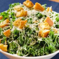 Kale Caesar Salad with Farro · Kale tossed with caesar dressing (anchovies, garlic, lemon, organic egg yolks), farro, crout...