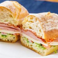 Italian Sandwich · Mortadella (contains pistachios), soppressata, provolone, onion, tomato, lettuce, pepperonci...