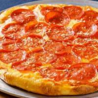 Pepperoni Pizza · Fourteen Inch whole pizza, cut into eight slices, topped with a mozzarella and provolone che...