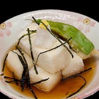 Agedashi Tofu · Deep-fried Soft Tofu,Pepper Tempura,Dried Seaweed,Bonito Flakes,White Radish, Tempura Sauce