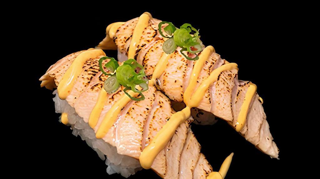 Aburi Salmon Mayo Nigiri · Seared Salmon with Mayo over Sushi Rice