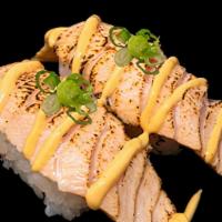 Aburi Salmon Spicy Mayo Nigiri · Seared Salmon with Spicy Mayo over Sushi Rice