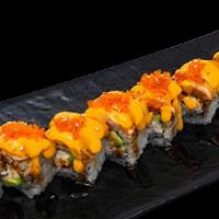 Lion King Roll · Top: Seared Salmon, Spicy Mayo, Unagi Sauce, Tobiko/Masago. Inside: Imitation Crab Meat, Avo...