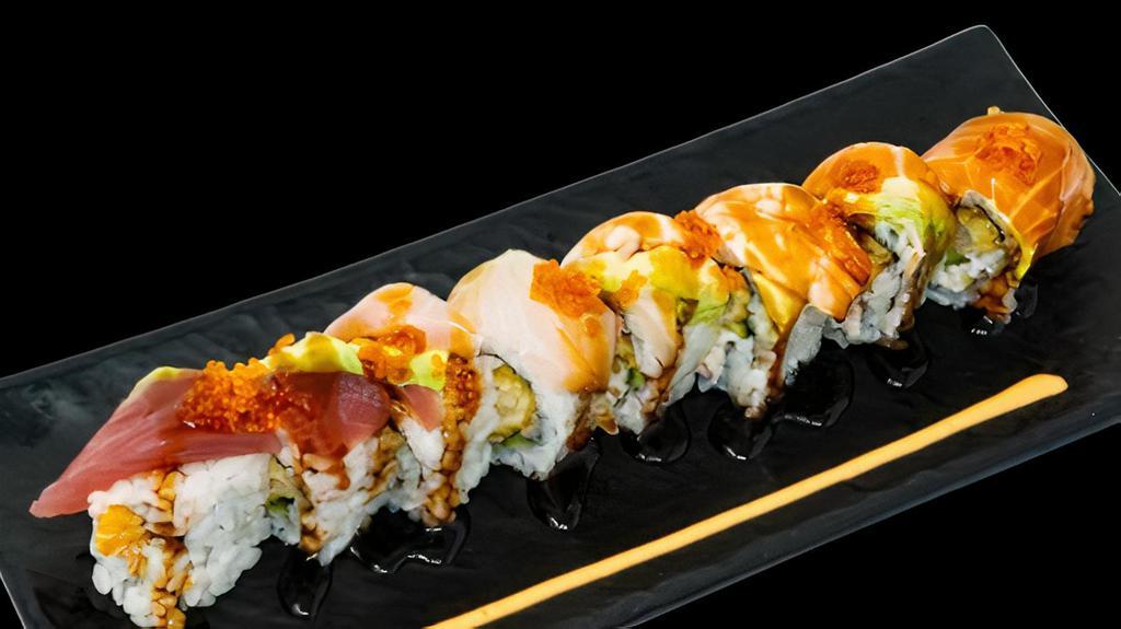 Rainbow Dragon Roll · Top: Tuna, Ebi, Salmon, Izumi-Dai, Unagi Sauce, Tobiko/Masago, Sesame. Inside: Shrimp Tempura, Cucumber, Imitation Crab Meat.