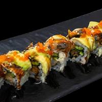 Dragon Roll · Top: Eel, Avocado, Unagi Sauce, Tobiko/Masago and Sesame. Inside: Shrimp Tempura, Cucumber, ...