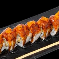 Red Dragon Roll · Top: Spicy Tuna, Green Onion, Tobiko/Masago, Unagi Sauce, Spicy Mayo. Inside: Shrimp Tempura...