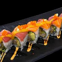 Wasabi Roll · Top: Salmon, Tuna, Spicy Mayo, Unagi Sauce, Honey Mustard, Wasabi Mayo, Tobiko/Masago. Insid...