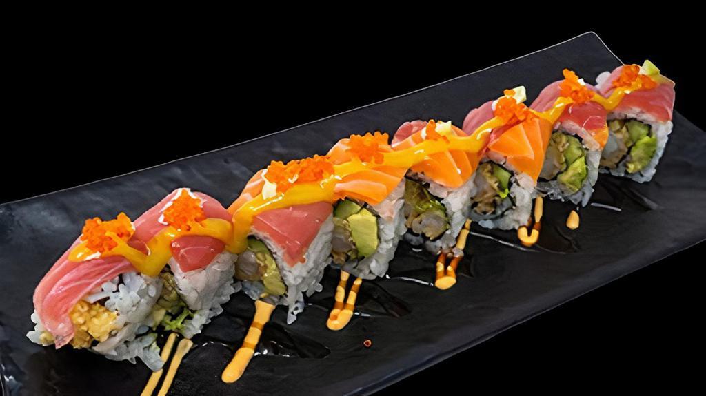 Wasabi Roll · Top: Salmon, Tuna, Spicy Mayo, Unagi Sauce, Honey Mustard, Wasabi Mayo, Tobiko/Masago. Inside: Shrimp Tempura, Cucumber, Avocado.