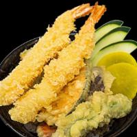 Tempura Donburi · Shrimp and Vegetable Tempura, Kaware, Avocado, Radish, Sesame Sheets, Seaweed Sheet, Sushi R...