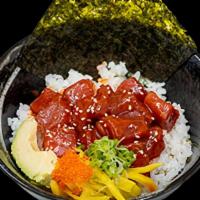 Spicy Tuna Donburi · Spicy Tuna, Avocado, Radish, Sesame Sheets, Seaweed Sheet, Sushi Rice.