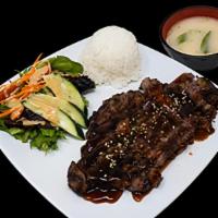 Rib-Eye Beef Teriyaki · Salad, Grilled Rib-Eye Beef, Teriyaki Sauce, Miso Soup, White Rice.