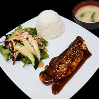 Salmon Triyaki (Dinner) · Salad, Pork ,Salmoni Sauce, Miso Soup, White Rice