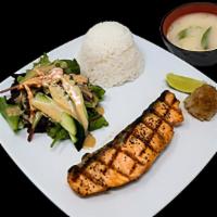 Grilled Salmon (Dinner) · Salad, Deep-Fried,Grilled Salmon, Miso Soup, Rice.