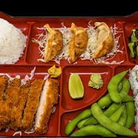 Chicken Tonkatsu Bento Box · Edamame,Miso Soup,Deep-Fried Gyoza,California Roll,Pork Tonkatsu,Rice
