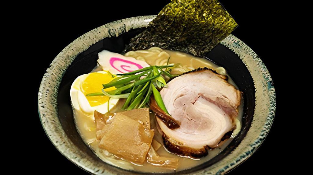 Tonkotsu Ramen · Chashu Pork, Half-Boiled Egg, Fish Cake, Bamboo Shoots, Seaweed Sheet, Green Onion, Tonkotsu Broth.