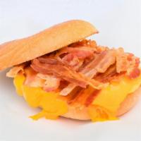 Bacon Breakfast Bagel · Crispy bacon, scrambled eggs, and American cheese melted on a plain toasted bagel.