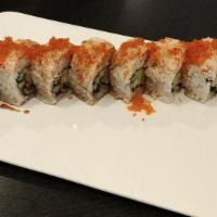34. Arashi Roll(2 Shrimp) · Shrimp tempura, eel, cucumber topped with real crab, tobiko and sauce.