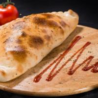 BBQ Calzone · Grilled chicken, mushrooms, onions, BBQ sauce with mozzarella cheese stone-baked, with a sid...