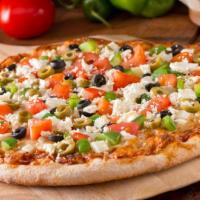 Greek Pizza · Delicious Greek style crispy pizza with olive oil base, red onion, tomatoes, black olives, f...