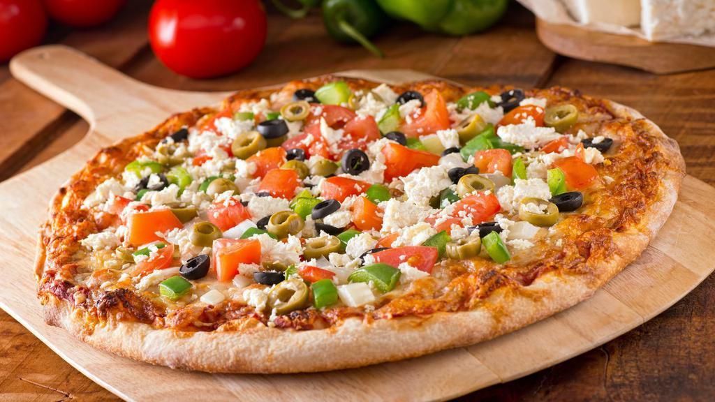 The Greek Pizza · Delicious pizza made with mozzarella cheese, feta cheese, Kalamata olives, green peppers, and onions.