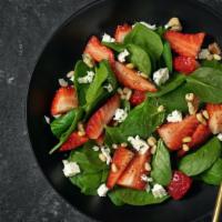 Spinach Salad · Fresh spinach salad with baby spinach, olives, tomatoes and feta cheese.