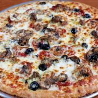 Classic Vegetarian · Red sauce, cheese mushrooms, olives, bell peppers, red onions, and artichoke hearts.