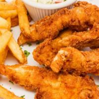 Chicken Tenders · 5 pieces crispy chicken tenders, that comes with a side of sauce.