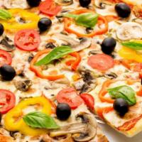 Extra Large Veggie Pizza Slice · Extra large pizza slice with fresh tomatoes, olives, bell peppers, and mushrooms.