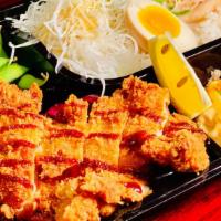 Chicken Cutlet Bento · New. Chicken Cutlet, Edamame, Takoyaki, Egg, Fried Gyoza, Shredded Cabbage,Tender Chashu Por...