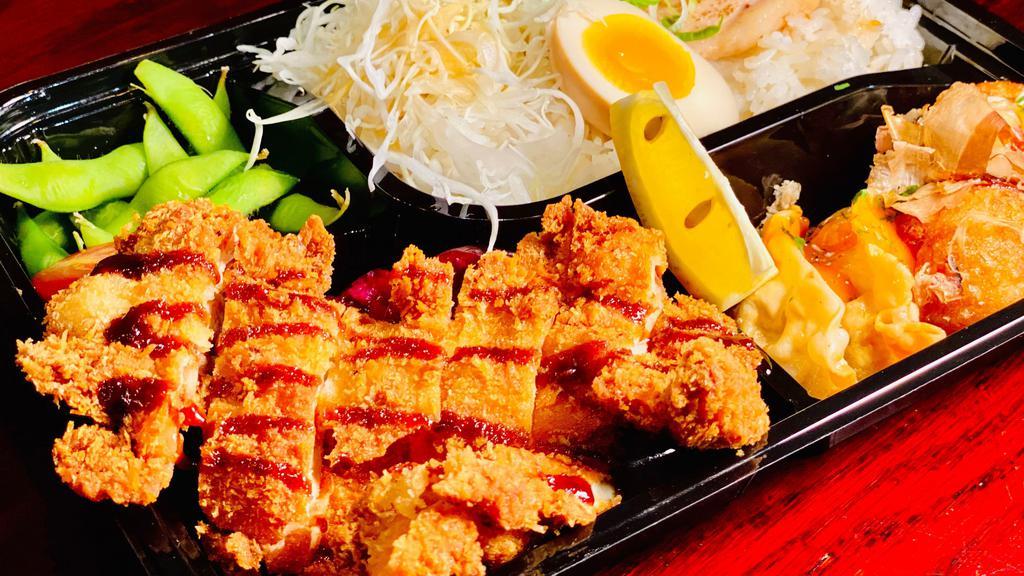 Chicken Cutlet Bento · New. Chicken Cutlet, Edamame, Takoyaki, Egg, Fried Gyoza, Shredded Cabbage,Tender Chashu Pork over Rice