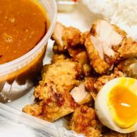 Karaage Curry Rice · Japanese Curry (beef & pork) rice with Salad, Fried Boneless Chicken, and half of soft boile...