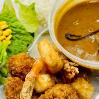 Shrimp and Oyster Curry · Japanese Curry (beef & pork) Rice with Salad, Fried Oyster, Fried Shrimp, and half of soft b...