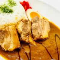 Kakuni (Braised Pork Belly) Curry · Japanese Curry (beef & pork) Rice with Salad, Kakuni (Braised Pork Belly) and half of soft b...