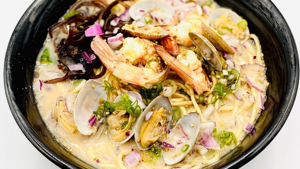 Seafood Ramen · New. Traditional tonkotsu (pork) with dashi broth. Clam, shrimp, green onion, kikurage mushrooms, and sesame seeds