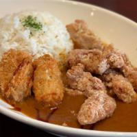Deluxe Curry · Japanese Curry (beef & pork) Rice with Fried Oyster and Chicken Karaage Topping.