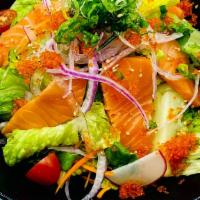 Salad Salmon Tobiko · Tobiko (Flying Fish Roe) and Salmon Sashimi over Salad with Japanese Wasabi Dressing