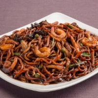 Jaengban-Jjajang · Noodles with black soybean sauce, stir fried with a variety of vegetables and seafood.  

Po...