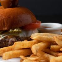 The House Burger · grass fed beef, choice of cheese, chopped lettuce, onion, tomato, special sauce